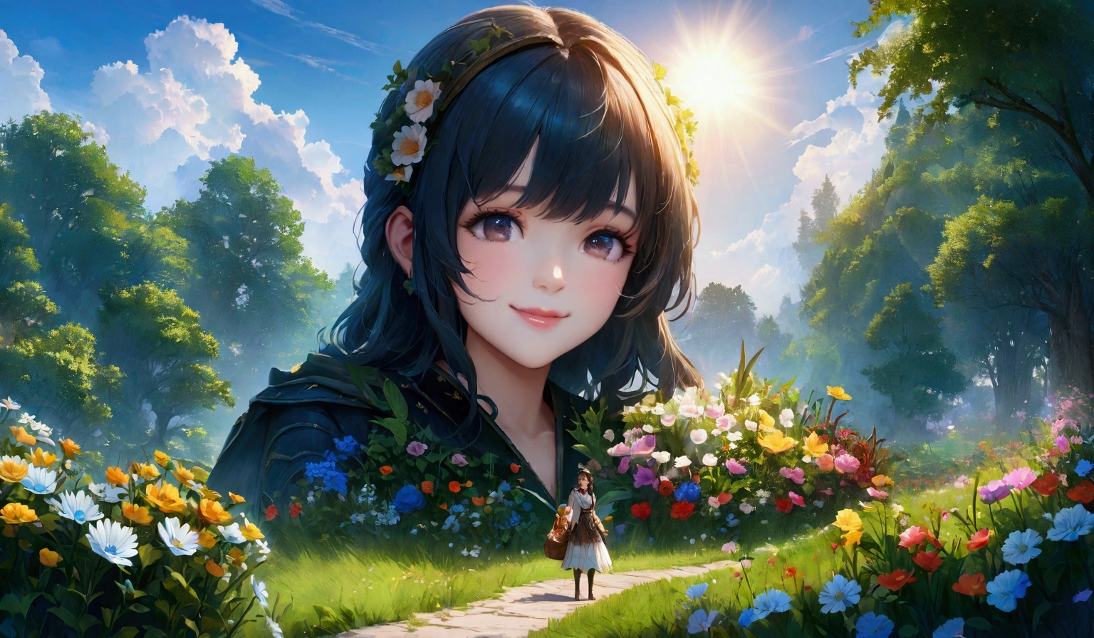 masterpiece,1 girl,,(whole body:0.9),(smile),Outdoor,(Light:1.2),(sun:1.2),(blue sky:1.1), garden,Flowers,grassland,wood，beautiful and moving，high quality（Famous scenes from anime）（A touching scene）,Gorgeous features。Hyper Details。High resolution。Anime Style。 HDR。 8k。The contrast between the fantastical characters and the bold color scheme and elements、It gives this piece an interesting story.。Painted Realism、Photorealistic、fantasy digital art、Rendering Information：32K resolution、Expressive details、