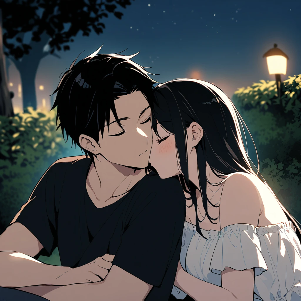 Couple kissing in the park at night、The woman has jet black hair, She closed her eyes, Wearing a white off-the-shoulder blouse.、The man has his eyes closed、Wearing a black T-shirt。
