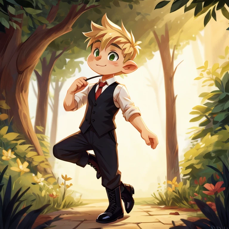 blonde boy green eyes, Beautiful, Handsome, precious, beautiful, dressed in a white shirt red tie, black vest, black ankle boots4