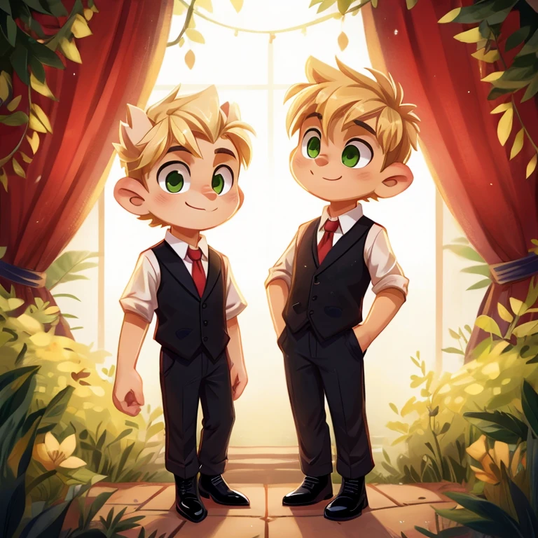 blonde boy green eyes, Beautiful, Handsome, precious, beautiful, dressed in a white shirt red tie, black vest, black ankle boots4