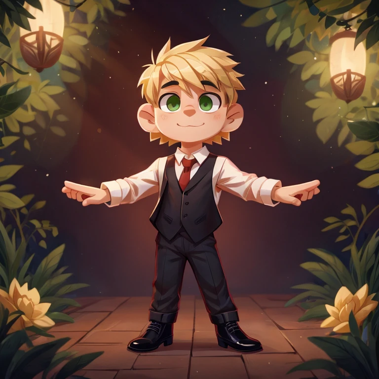 blonde boy green eyes, Beautiful, Handsome, precious, beautiful, dressed in a white shirt red tie, black vest, black ankle boots4