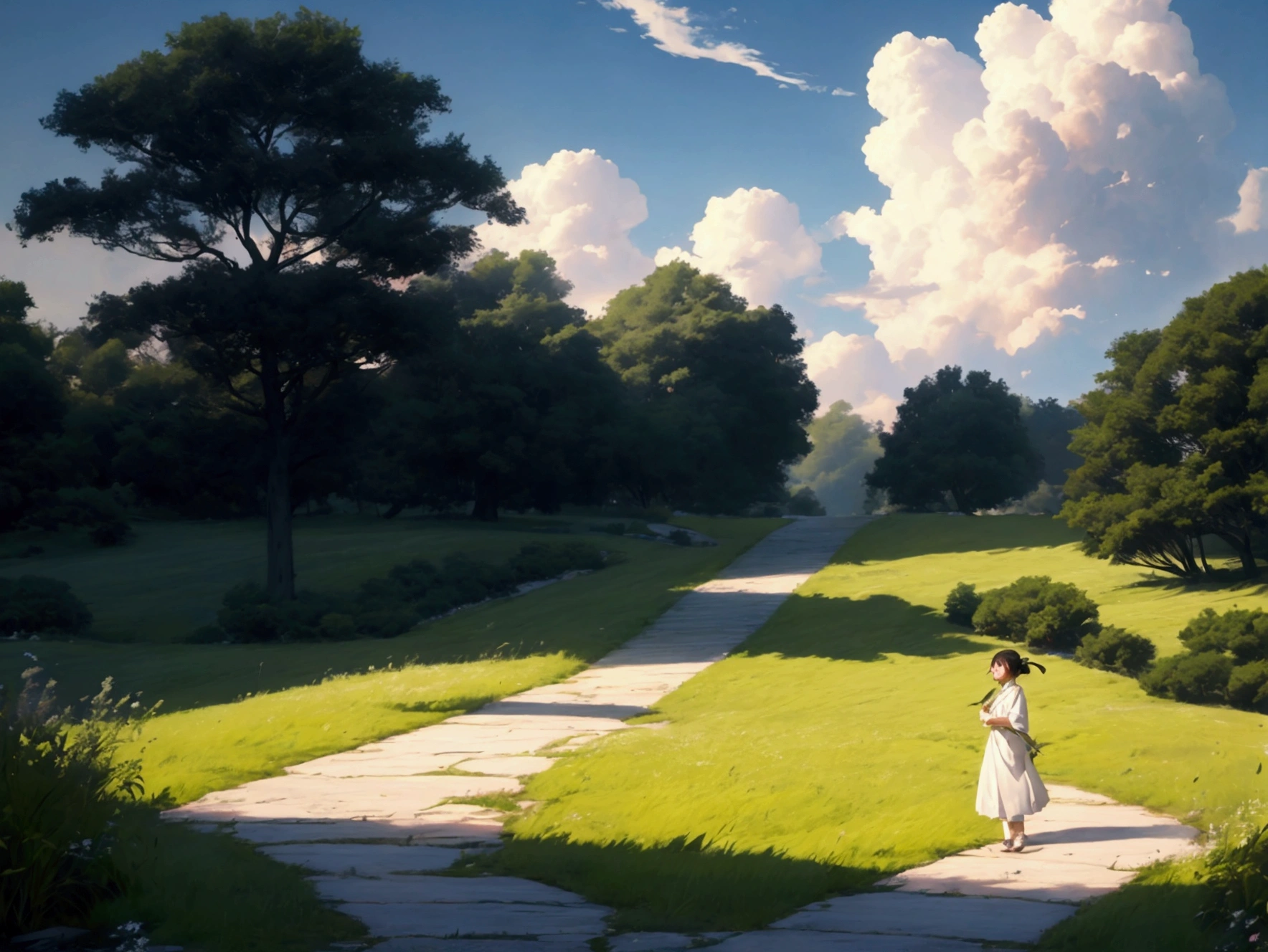 A refreshing woman、Shortcuts、smile、whole body、Landscape、High contrast color, 4K High Resolution，masterpiece, Highest quality, Movie stills, bright, Anime Style, Happy, shine、happiness、null、cloud、cloudの隙間から光が差し込む、Warm and soft lighting, Blowing in the Wind、Feel the wind、The grass and trees are swaying、