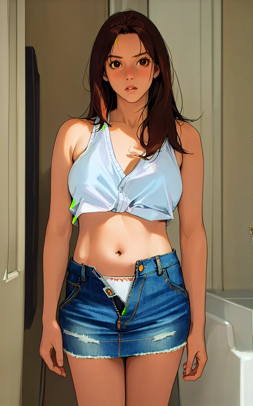 ((masterpiece, best quality)), ((20 year old)), (((Curvy))), (((Latina with long brown hair)), holding up blue shirt to cover breasts, ((teal cotton panties)), (((Large Hips))), (blushing), smiling, green eyes, Standing near bedroom window, (((realistic art style)))