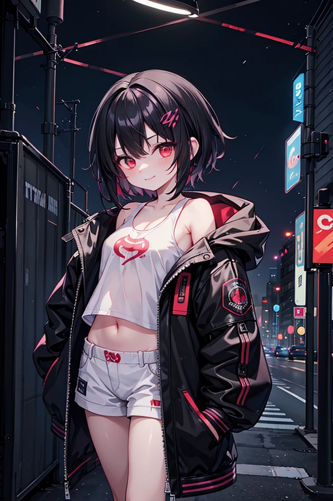(masterpiece), cyber punk, city, night, Neon Light, city lights, One girl, Black Hair,White tank top with red pattern, short hair,Red Eye,hair ornaments,Around 16 years old,smile,He has taken off his jacket and is exposing his shoulders.,Navel showing