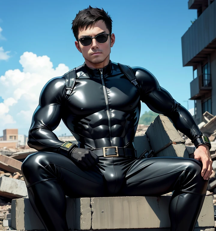 30 years old,Two Men,、logic肉質、Black bodysuit、Shocker Belt、Combatant、On the rubble。Sit with your legs wide open。logic,Gay ,Very short hair。The crotch area of the pants is bulging、Stubble、Black sunglasses