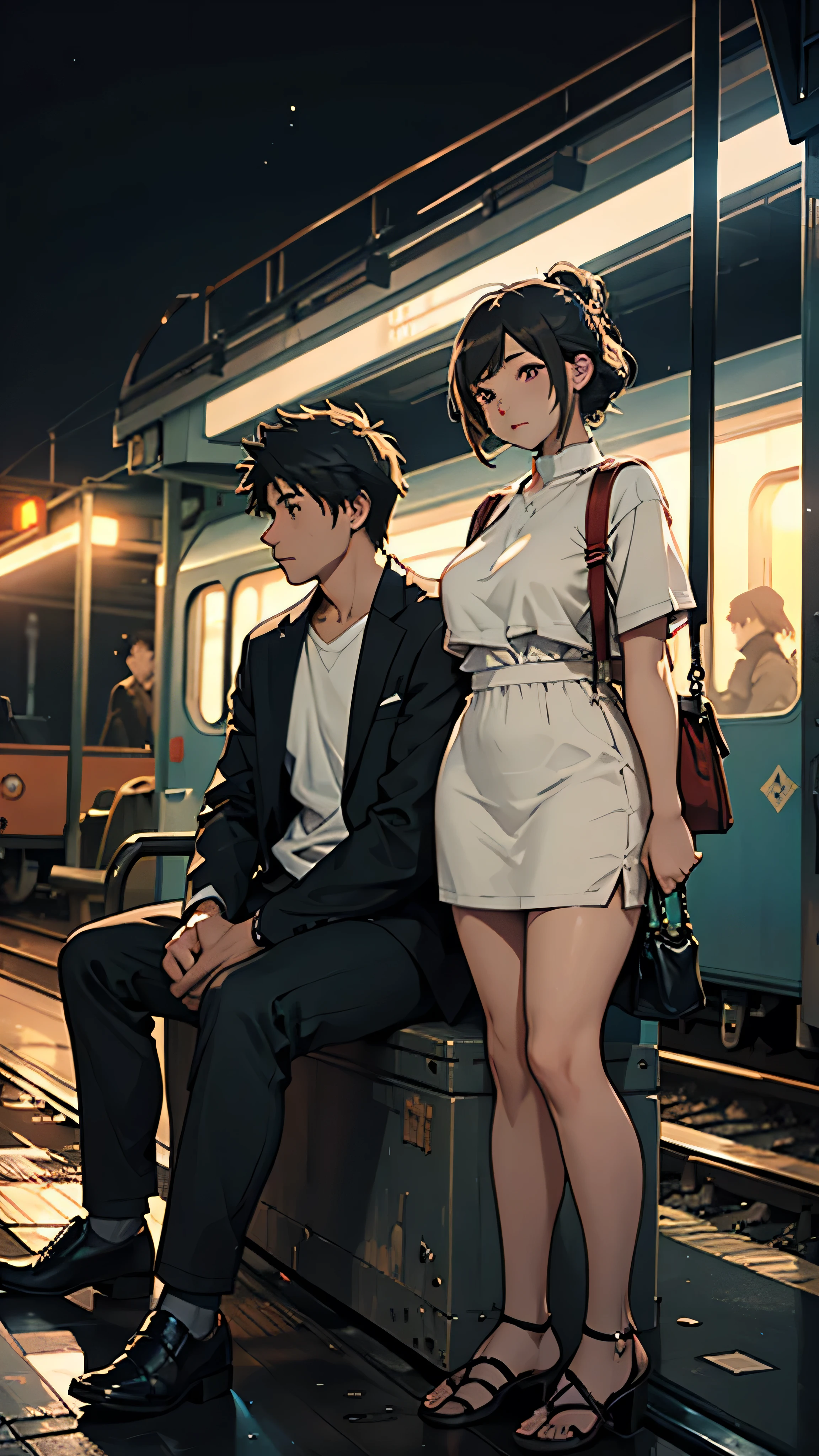 A Couple sitting at a railway station, night scene, train approaching, couple wearing short clothes, girl has big hips, beautiful detailed eyes, 