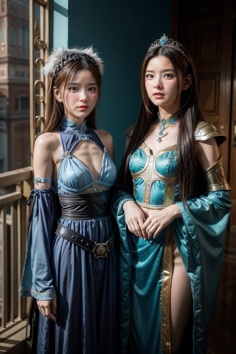 two women, twins,  in costumes are standing in a room, as lady mechanika, static Prometheus frame, blue body paint, cyberpunk ornaments, Aztec Empress, cinematic details, guards, balcony scene, solarpunk, by Leon Wyczółkowski, sisters, Japanese cgi, Kazakh empress, character close-up  