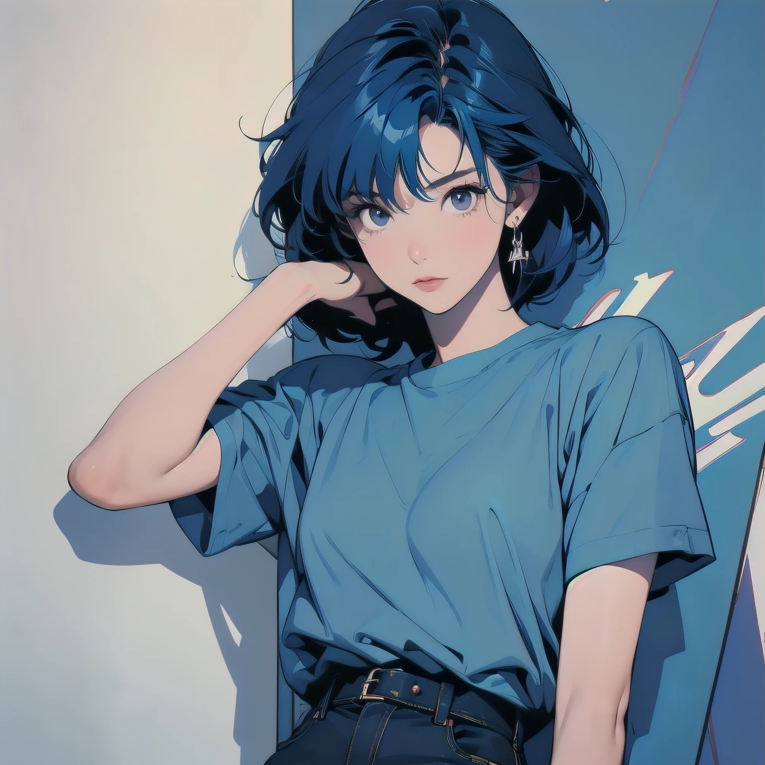 Trigun、Persona、A beautiful woman、Movie Posters、Upper Body、Model pose、mysterious、Small breasts、Blue Hair、Short sleeve