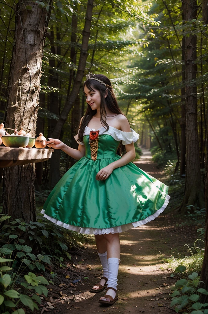 In a magical forest, a young princess in a magnificent dress plays with cheerful gnomes.