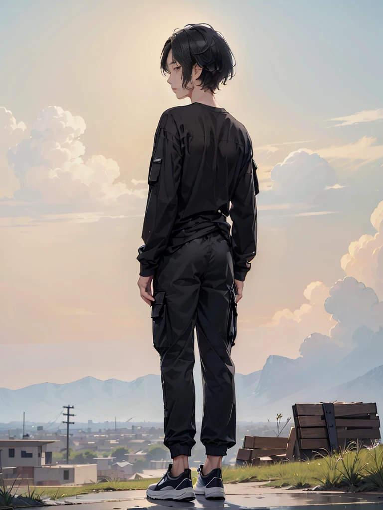 Masterpiece, best quality,独奏, one Japanese boy, 18 years old,(tall and thin,sleepy droopy eyes, long face, (thin cheeks:1.2),(black shaggy short hair,blank expression:1.5),(Black long T-shirt,Long sleeve,Olive cargo pants,Black sneakers,Full body portrait:1.5),(Plain background:1.3),(Back view,back of head:1.6)