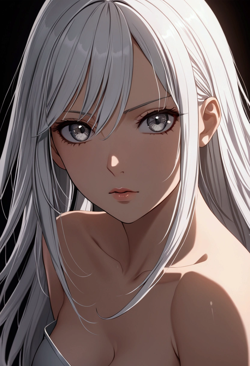 A girl with white hair,silver eyes, fair skin tone, slender and athletic built, nude, detailed hair, detailed body, best quality, aesthetic,8k,realistic