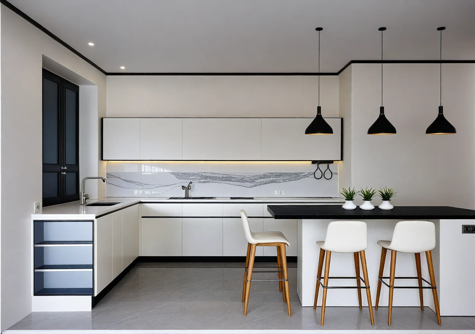 Raw photo,Masterpiece, high quality, best quality, authentic, super detail, indoors, interior , ((kitchen room :1.3)), modern style, daylight, (WHITE WALL),luxury, marble tile floor, fridge, black stone counter top