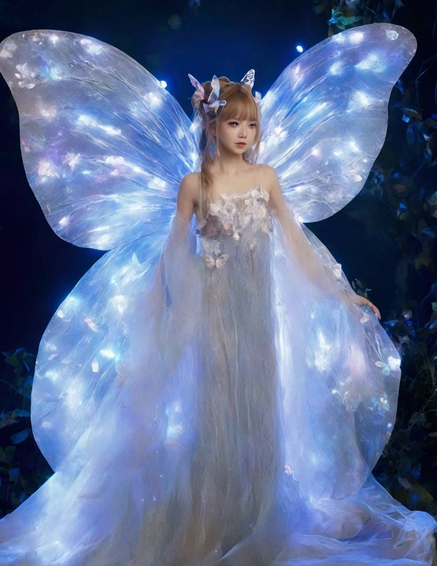 (Lalisa Manobal, age 25)A cute fairy (crystalline butterfly wings, prismatic hair, large eyes, spider silk gown) is dancing in a ring of toad stools, ethereal lighting, woods at night

