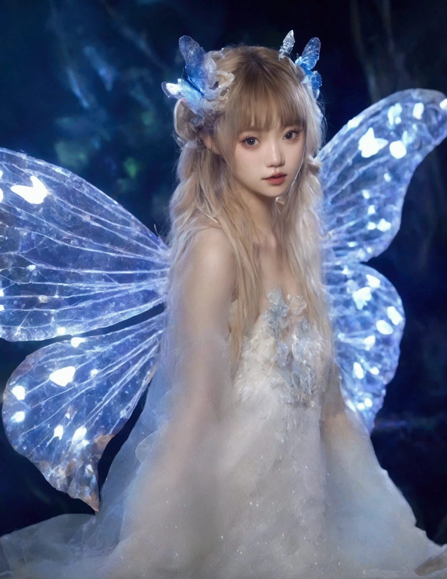 (Lalisa Manobal, age 25)A cute fairy (crystalline butterfly wings, prismatic hair, large eyes, spider silk gown) is dancing in a ring of toad stools, ethereal lighting, woods at night
