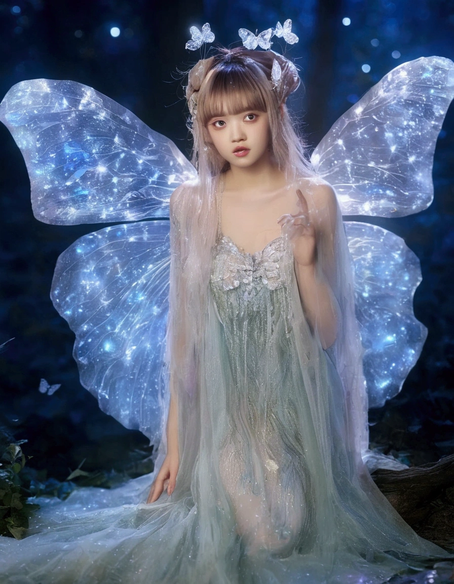 (Lalisa Manobal, age 25)A cute fairy (crystalline butterfly wings, prismatic hair, large eyes, spider silk gown) is dancing in a ring of toad stools, ethereal lighting, woods at night