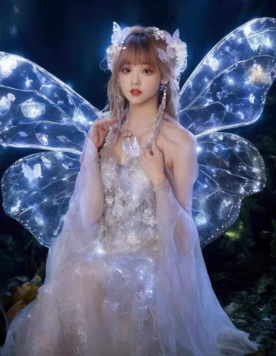 (Lalisa Manobal, age 25)A cute fairy (crystalline butterfly wings, prismatic hair, large eyes, spider silk gown) is dancing in a ring of toad stools, ethereal lighting, woods at night
