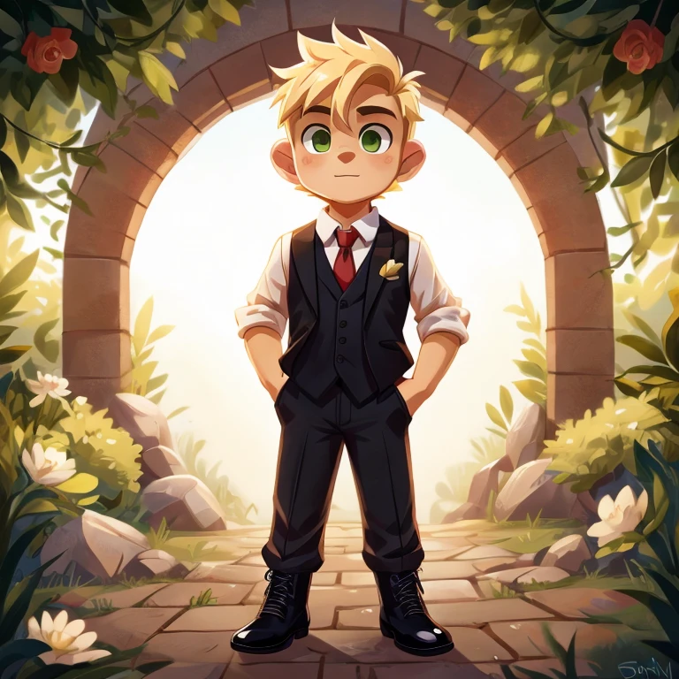 blonde boy green eyes, Beautiful, Handsome, precious, beautiful, dressed in a white shirt red tie, black vest, short blanco, black ankle boots4