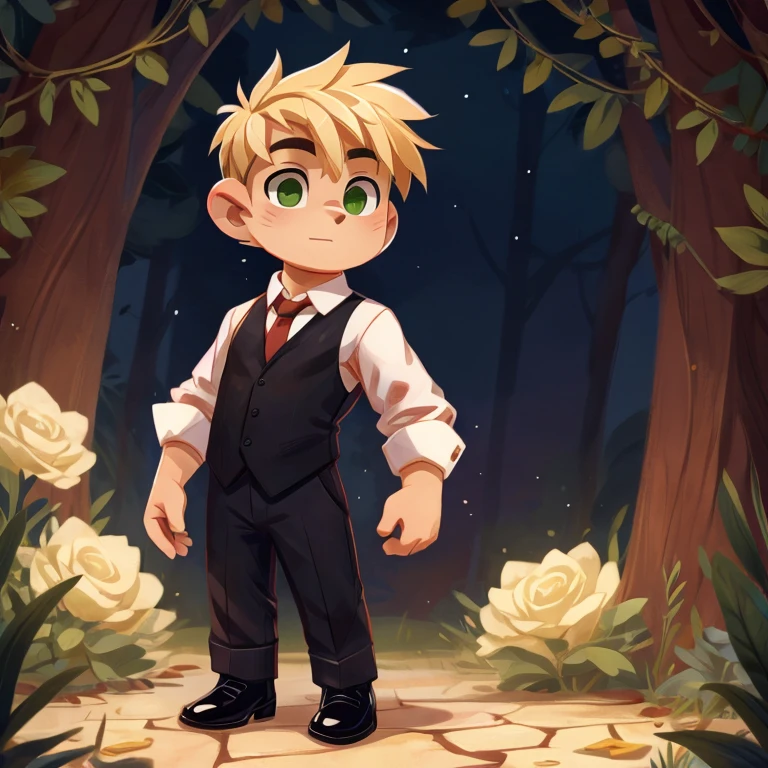 blonde boy green eyes, Beautiful, Handsome, precious, beautiful, dressed in a white shirt red tie, black vest, short blanco, black ankle boots4