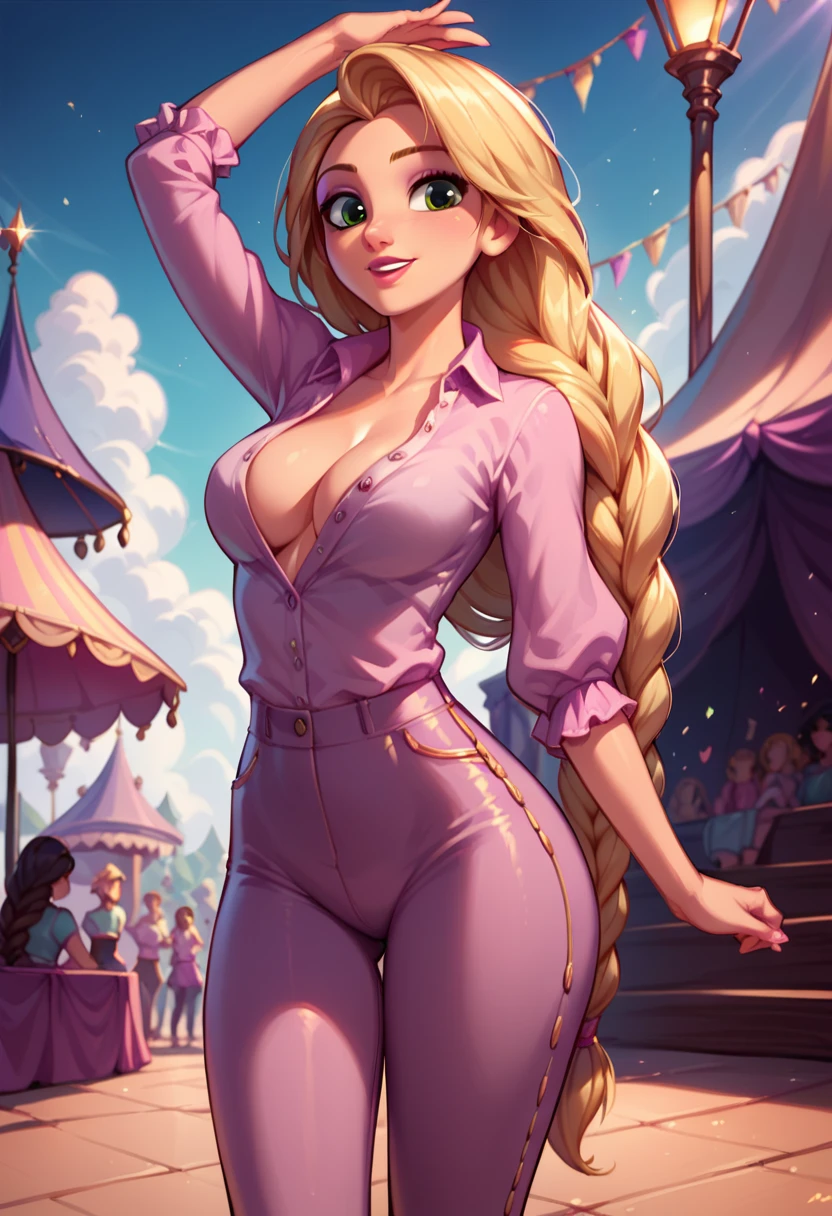 score_9, score_8_up, score_7_up, score_6_up, 1girl, solo, rapunzel (blonde hair, long hair, braid, tight pants:1.1), (cotton blouse, unbuttoned:1.2), cleavage, looking cute, fashionable, cinematic lighting,, dancing, music festival, big crowd, cowboy shot.