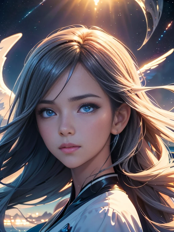 1 girl, eye, close, Beautiful night sky, Meteors, Beyond the Clouds, Surrounded by water, reflection, Wide Angel, Breathtakingly beautiful clouds, Wide-angle, by makoto shinkai, Thomas Kinkade, James Gillard, From holosomnialandscape, High resolution, Volumetric lighting, Ray Tracing, Complex, Attention to detail, Very detailed, Deviant Art, 4K portrait wallpaper,, colorful, Airy, Anime illustration, anime nature wallpapers