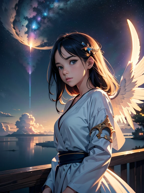 1 girl, eye, close, Beautiful night sky, Meteors, Beyond the Clouds, Surrounded by water, reflection, Wide Angel, Breathtakingly beautiful clouds, Wide-angle, by makoto shinkai, Thomas Kinkade, James Gillard, From holosomnialandscape, High resolution, Volumetric lighting, Ray Tracing, Complex, Attention to detail, Very detailed, Deviant Art, 4K portrait wallpaper,, colorful, Airy, Anime illustration, anime nature wallpapers