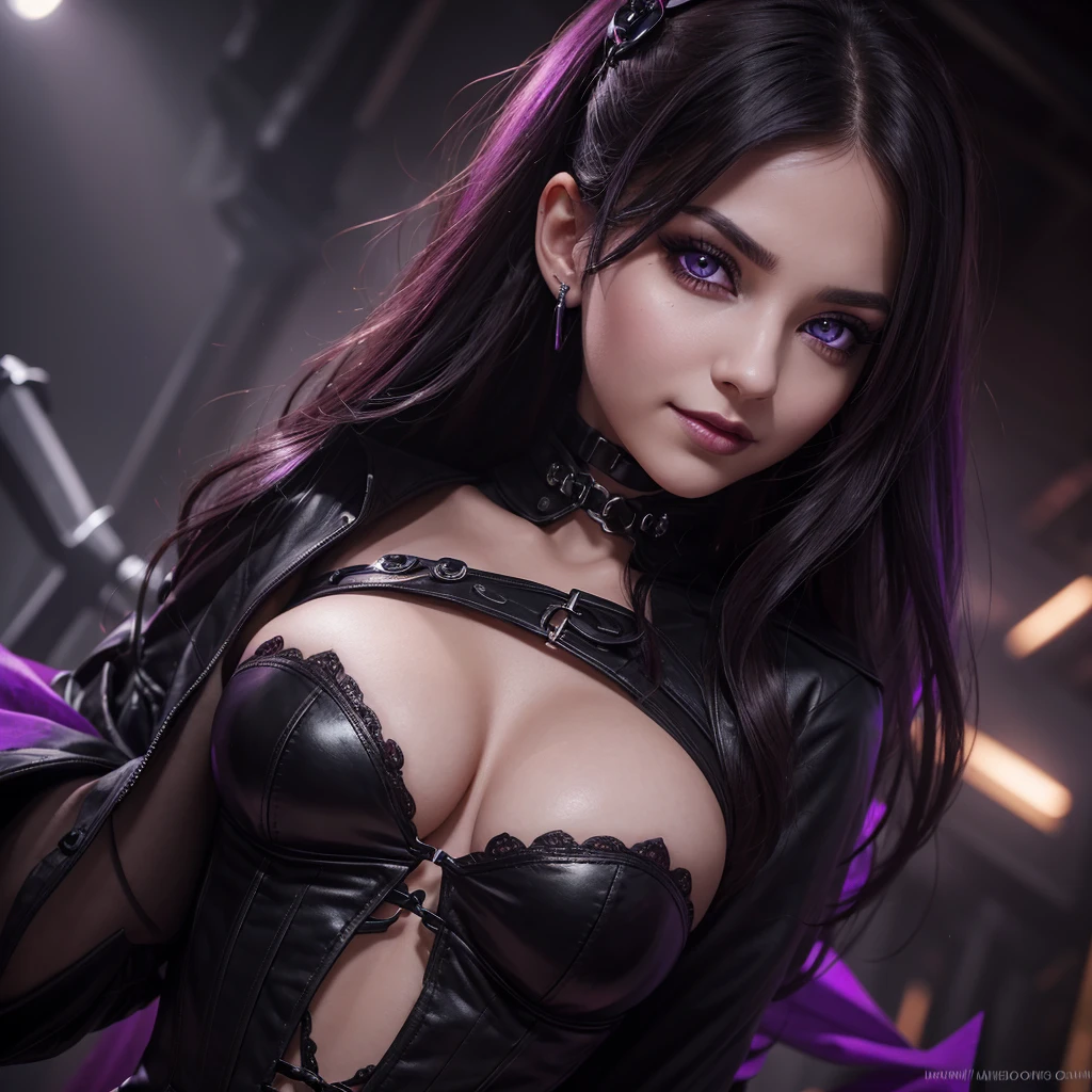 a young woman with an aura of dark allure and undeniable power.Details:Her piercing gaze dominates the scene. Her eyes, a mesmerizing blend of crimson and violet, hold a hint of sadistic amusement. A cruel smile curves her lips, hinting at a taste for domination