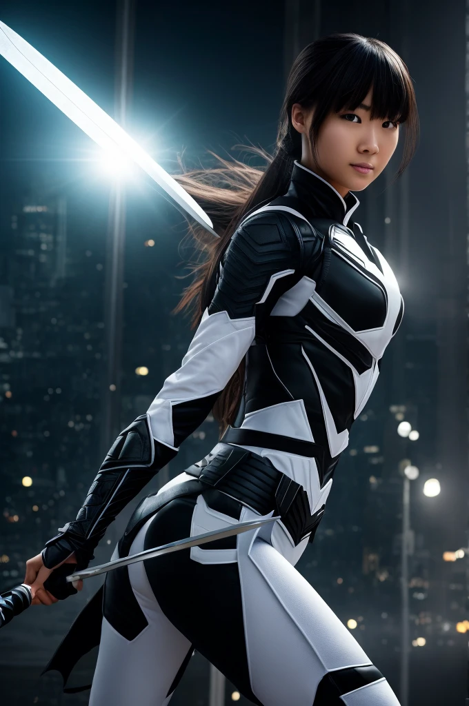 superhero, modern super hero costume, white bat costume, style like the black bat suit and the batman suit, suit for girl, ninja, with a Chinese sword, Beautiful Chinese woman, Chinese woman with bangs, courageous character, Kind, Brave, determination, on the battlefield, atmospheric perspective, Motion blur, 8k, super detailing, Best quality, uhd, high detail