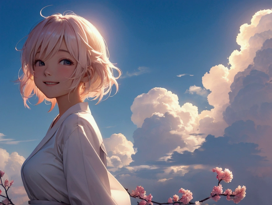 A refreshing woman、Shortcuts、smile、masterpiece, Highest quality, Movie stills, bright, Anime Style, Happy, shine、Age: 23、happiness、null、cloud、cloudの隙間から光が差し込む、Warm and soft lighting,