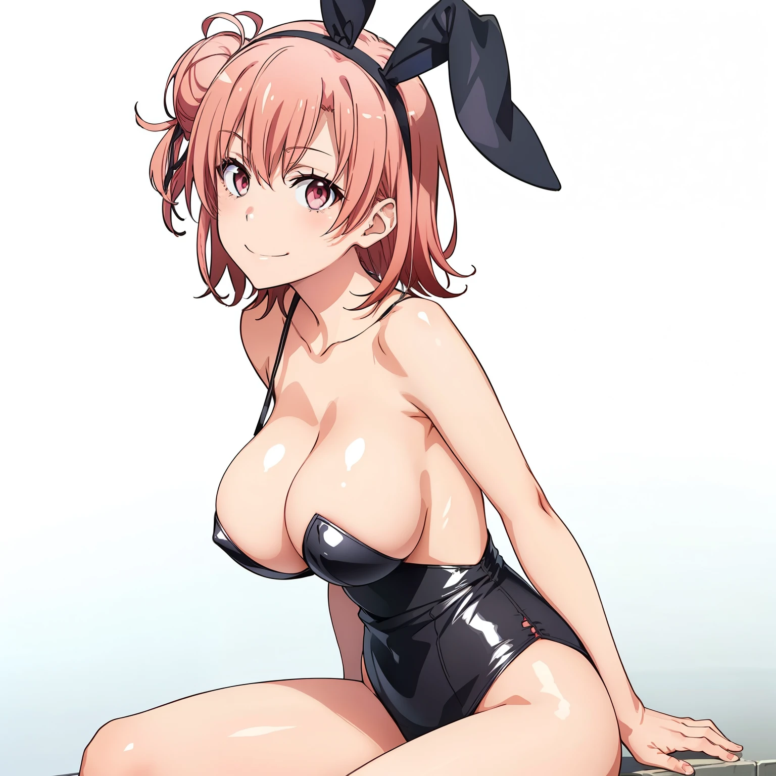 ((masutepiece, Best Quality, hight resolution, nffsw, Perfect Pixel, depth of fields, 4K, )), 1girl in, Solo, , Beautiful anime girl, Beautiful Art Style, close up, Looking at Viewer, Perfect body, side shot, Yuigahama Yui, Short hair, pink hair, pink eyes, hairbun, (large ), side boobtting, black playboy utfit, smile, hands on thighs, blank white background, shot from the waist up