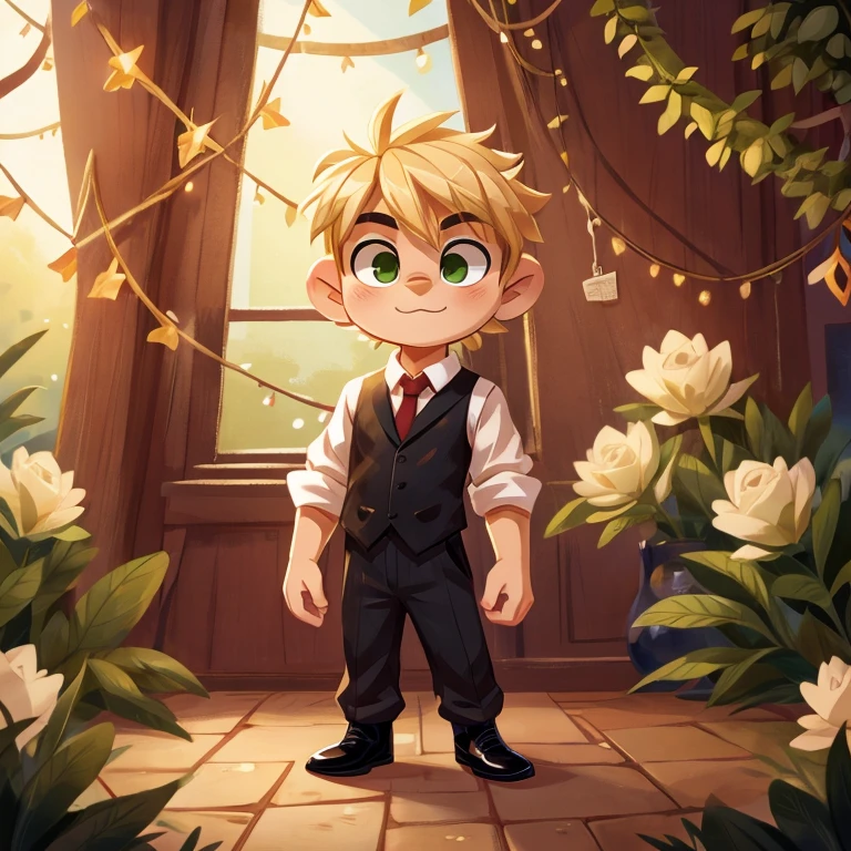 blonde boy green eyes, Beautiful, Handsome, precious, beautiful, dressed in a white shirt red tie, black vest, short blanco, black ankle boots