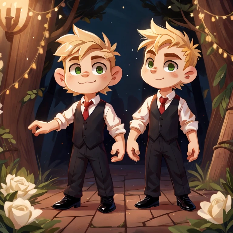 blonde boy green eyes, Beautiful, Handsome, precious, beautiful, dressed in a white shirt red tie, black vest, short blanco, black ankle boots