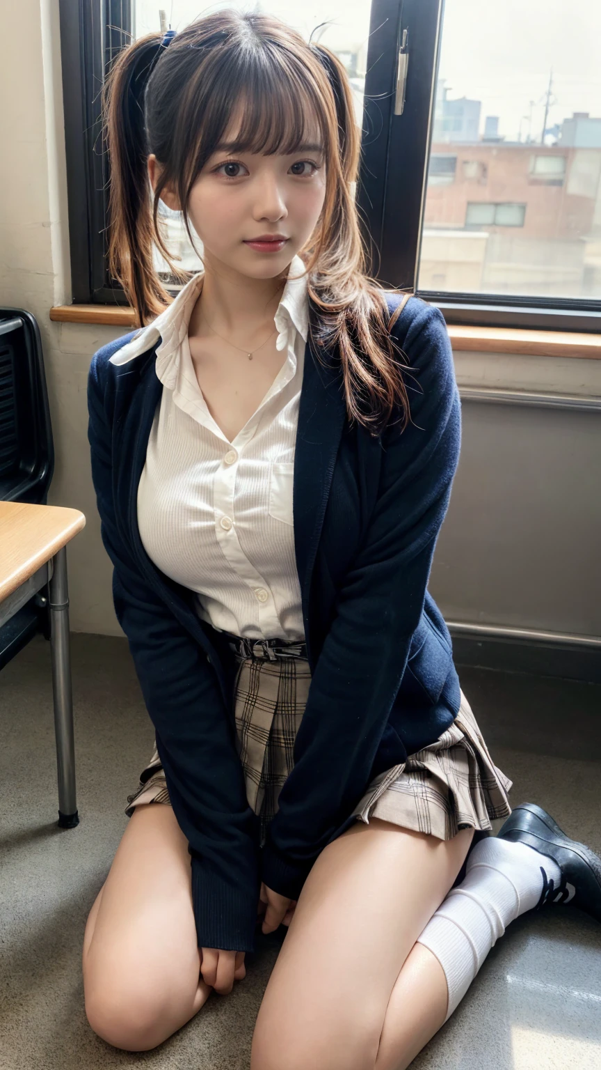muste piece, best quality, illustration, Super detailed, fine details, High resolution, 8K,wall paper, perfect dynamic composition,(Details High quality, realistic depiction of eyes:1.3), High School Classroom、High school girl uniform、Cardigan、Super Short Check Uniform Skirt、Navy blue high socks、garterbelts、Colossal tits、Disturbed uniform、, black hair color, (knees together feet apart sitting), (perfect body shape), crying a little、cold gaze, Harajuku style、20 year old girl、cute type, beautiful legs, Gravure Idol, Voluptuous thighs