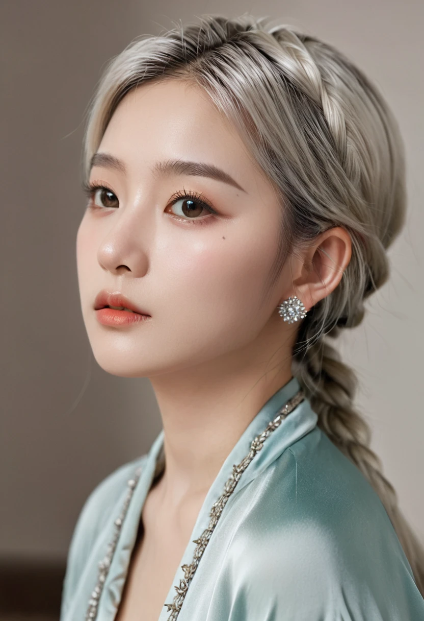 (best quality, masterpiece:1.2), Ultra-high resolution, Practical, forward lighting, Intricate details, Exquisite details and textures, 1 girl, solitary ,(young), Facial highlights, whole body,sit on the floor， Delicate face, Tear mole, White skin, Silver Hair, Ponytail, Braided Hair, Looking at the audience, big eyes, silk robe, (Hollow pattern, White, silk), earrings, Small Breasts, Slim, VIP room, Professional lighting, Photon Mapping, Radiosity, Physically Based Rendering, Bird&#39;s eye view