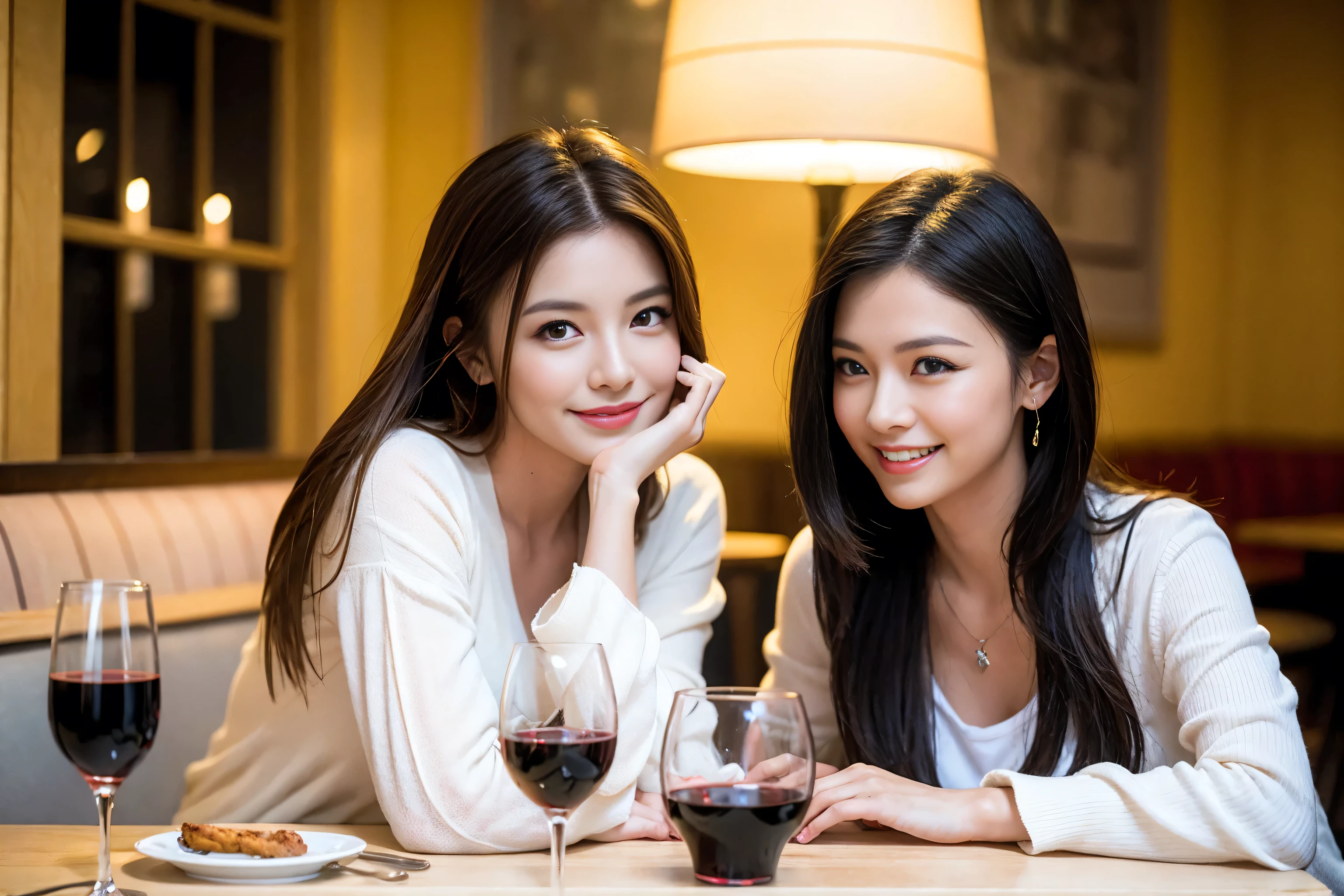 ((Highest quality、8k、masterpiece:1.3))、cute、Slim couple、Model Couple、Actress、(Realistic, Intricate details:1.2), full-course dinner、Wine Party、Amazing view of the sunset sky and clouds、A bright smile、short hair,Bright Face、 (45 years old), 42 years old, red wine 、Appetizers、Italian food、Wine bottle、Champagne、sparkling wine、Two beauties、Brown Hair、Shortcuts、Long sleeve shirt、dress、Beautiful woman 1, (Slim face), (The body is slim), (Brown Hair), (Shortcuts), cheeks turn a little red,Attractive beauty、restaurant, In a prominent place (From the waist up) Nova Frog Style, actress, model, Upper Body, White wine, slim, wine glass, A wine glass placed in the center, smile, (smile: 1.15), Beautiful fine grain, Depth f/2,saturation, High Contrast, Strong light and shadow,Moist Body:1.5、3D texture、Delicate eyes、Brown Hair、The hair is very shiny、