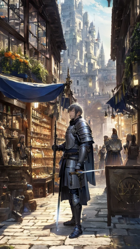 terrain,Distant view,Fantasy style,Medieval architecture,white brick wall,orange roof,cobblestone road,bustling shops,vendor,shout,customer,lively street,Background crowd in medieval costumes,Guards in armor,city gate,Few notable pedestrians,Wizard holding a wand,warrior holding shield,swordsman with sword,Priest with a book,outside restaurant,river,bridge,street dog,Masterpiece,best quality,Highly detailed,miraculous,exquisite details,extremely detailed CG unity 8k Wallpaper,score:>=60,, Incredibly nonsense.,Wallpaper,TRUEistic,TRUE,photograph,terrain,shortened,, Beautifully detailed eyes,fine texture,