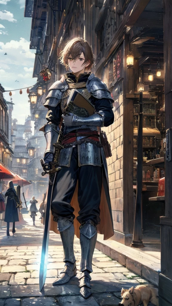 terrain,Distant view,Fantasy style,Medieval architecture,white brick wall,orange roof,cobblestone road,bustling shops,vendor,shout,customer,lively street,Background crowd in medieval costumes,Guards in armor,city gate,Few notable pedestrians,Wizard holding a wand,warrior holding shield,swordsman with sword,Priest with a book,outside restaurant,river,bridge,street dog,Masterpiece,best quality,Highly detailed,miraculous,exquisite details,extremely detailed CG unity 8k Wallpaper,score:>=60,, Incredibly nonsense.,Wallpaper,TRUEistic,TRUE,photograph,terrain,shortened,, Beautifully detailed eyes,fine texture,