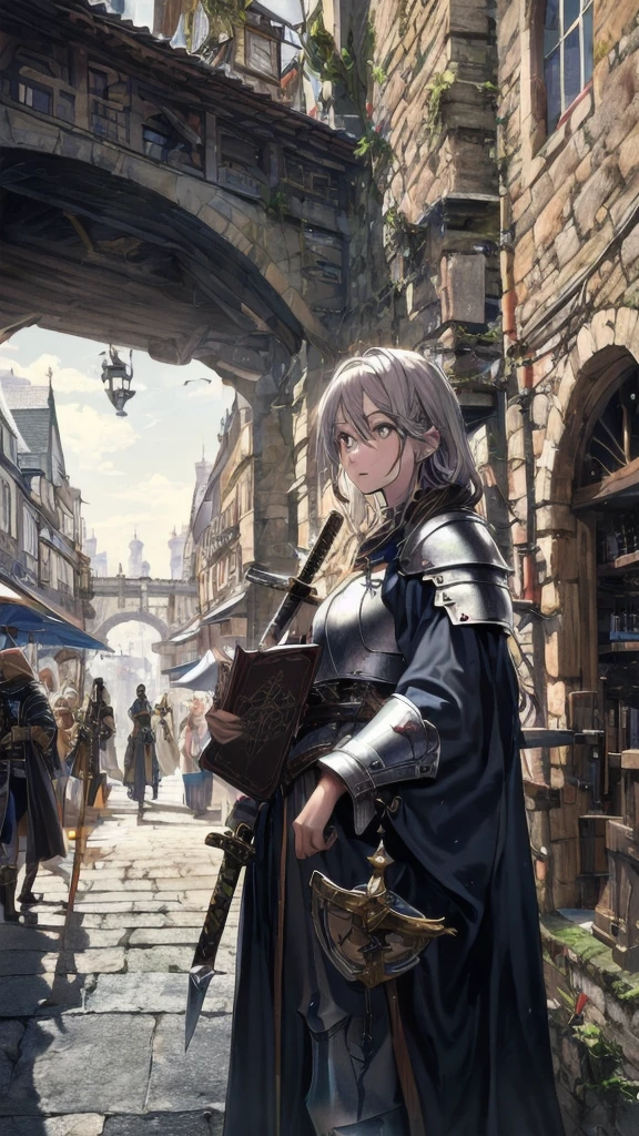 terrain,Distant view,Fantasy style,Medieval architecture,white brick wall,orange roof,cobblestone road,bustling shops,vendor,shout,customer,lively street,Background crowd in medieval costumes,Guards in armor,city gate,Few notable pedestrians,Wizard holding a wand,warrior holding shield,swordsman with sword,Priest with a book,outside restaurant,river,bridge,street dog,Masterpiece,best quality,Highly detailed,miraculous,exquisite details,extremely detailed CG unity 8k Wallpaper,score:>=60,, Incredibly nonsense.,Wallpaper,TRUEistic,TRUE,photograph,terrain,shortened,, Beautifully detailed eyes,fine texture,