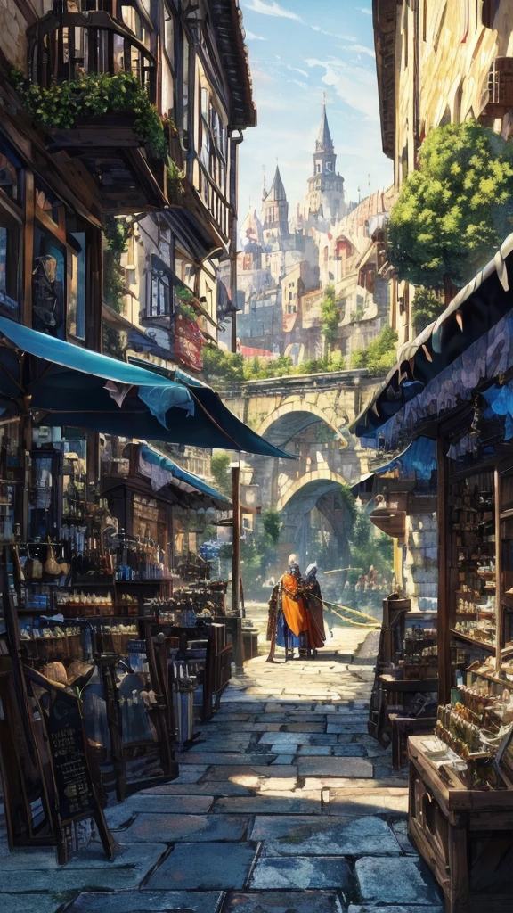 terrain,Distant view,Fantasy style,Medieval architecture,white brick wall,orange roof,cobblestone road,bustling shops,vendor,shout,customer,lively street,Background crowd in medieval costumes,Guards in armor,city gate,Few notable pedestrians,Wizard holding a wand,warrior holding shield,swordsman with sword,Priest with a book,outside restaurant,river,bridge,street dog,Masterpiece,best quality,Highly detailed,miraculous,exquisite details,extremely detailed CG unity 8k Wallpaper,score:>=60,, Incredibly nonsense.,Wallpaper,TRUEistic,TRUE,photograph,terrain,shortened,, Beautifully detailed eyes,fine texture,