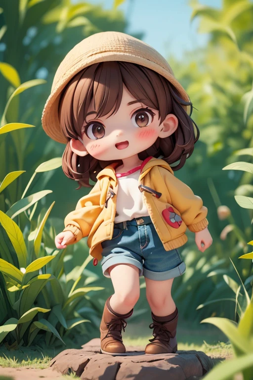 A ten-year-old girl named Julia, with honey-colored eyes, brown hair, fair complexion, dressed in adventure clothes, such as a hat, jacket, shorts and boots. She has a backpack with some useful objects, such as a compass, a flashlight and a map. His expression is one of joy and curiosity. The style of the image is similar to that of the Pixar films, but with a more childlike and cartoonish look.