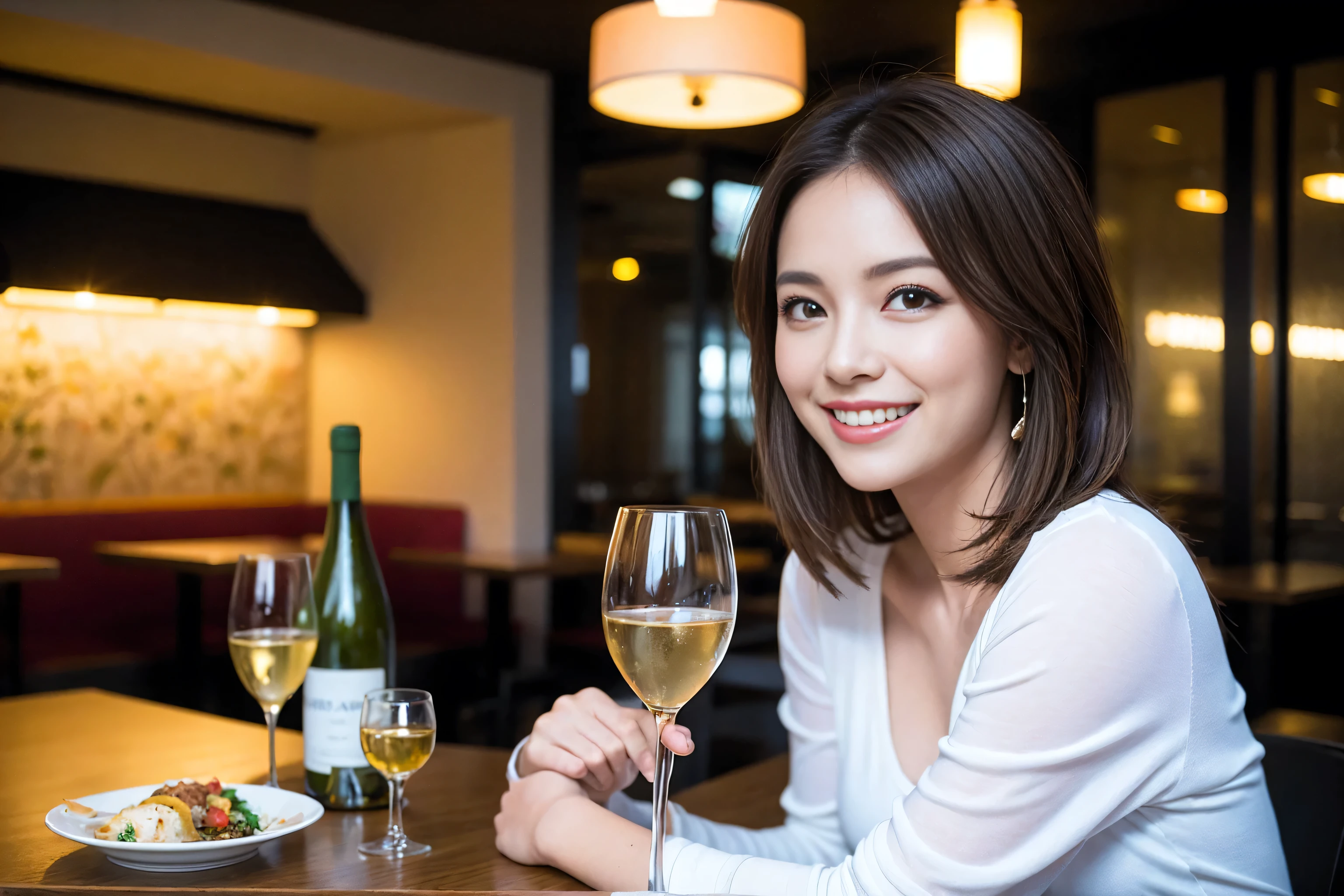 ((Highest quality、8k、masterpiece:1.3))、cute、Slim couple、Model Couple、Actress、(Realistic, Intricate details:1.2), full-course dinner、Wine Party、Amazing view of the sunset sky and clouds、A bright smile、short hair,Bright Face、 (45 years old), 42 years old, red wine 、Appetizers、Italian food、Wine bottle、Champagne、sparkling wine、Two beauties、Brown Hair、Shortcuts、Long sleeve shirt、dress、Beautiful woman 1, (Slim face), (The body is slim), (Brown Hair), (Shortcuts), cheeks turn a little red,Attractive beauty、restaurant, In a prominent place (From the waist up) Nova Frog Style, actress, model, Upper Body, White wine, slim, wine glass, A wine glass placed in the center, smile, (smile: 1.15), Beautiful fine grain, Depth f/2,saturation, High Contrast, Strong light and shadow,Moist Body:1.5、3D texture、Delicate eyes、Brown Hair、The hair is very shiny、