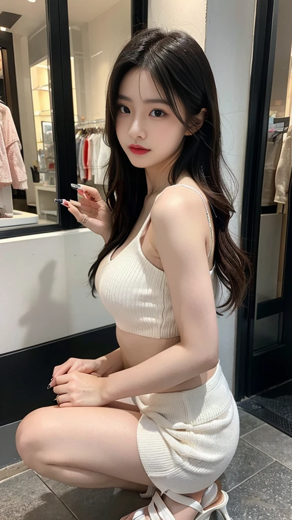 high quality, realistic, Mall, Korean woman looking in the window of a clothing store, A dazzlingly beautiful face, slim and nice body, sexy top, mini skirt, sandals high heels, luxury bag, Waiting while checking smartphone, manicure, pedicure, nail art, hot summer in the city, very hot weather, she is sweating, struggle with the heat, wet face on the make up, She is fanning herself with her own hands, crowded,
