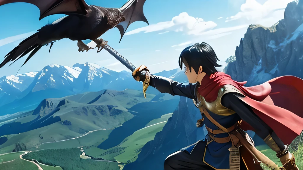 Dragon Quest、Peaceful scenery、、A black-haired hero with a sword and shield、Fighting a giant crow monster、The hero wields his sword