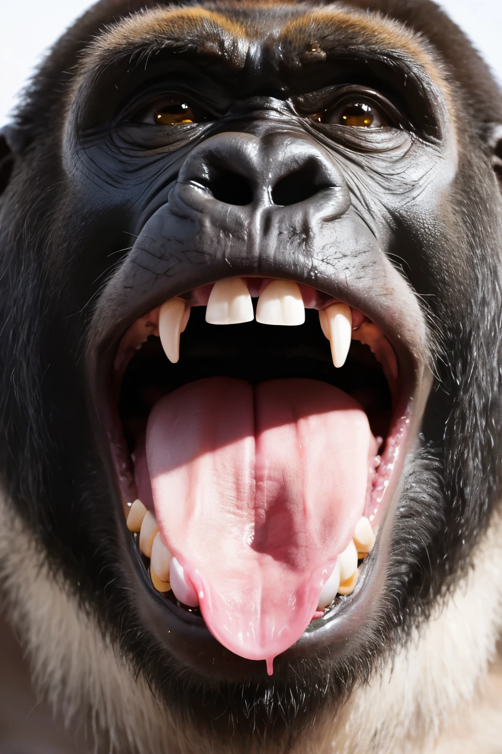 Gorilla opening his mouth wide and showing his pink tongue