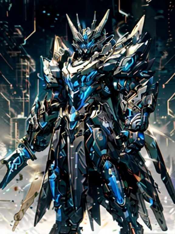 Hongmei tea,no humans,alone,arms,sword,blue eyes,looking at the audience,Science fiction,luminescent,Keep sword,Keep,Keep arms,Permanent,wing,V-shaped fins,luminescent eyes,clenched handss,clenched hands,black background,mechanical wing,look down,Super robot,Samurai sword,Mobile Suit,direct,armor,Gray background,whole body,sheath,White background,light particles,best quality,masterpiece,4K,8k,Very detailed,Detailed face,true proportion,sharp focus,(Hongmei tea),