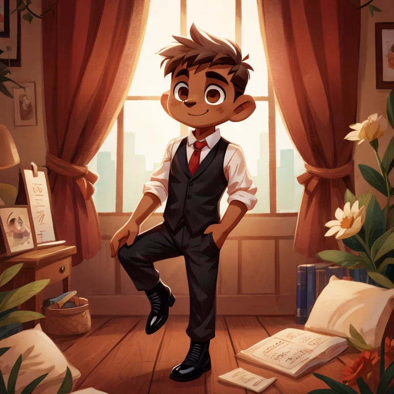 brown boy brown eyes, Beautiful, Handsome, precious, beautiful, dressed in a white shirt red tie, black vest, white pants, black ankle boots