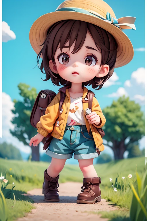 A -yead giramed Julia, with honey-colored eyes, brown hair, fair complexion, dressed in adventure clothes, such as a hat, jacket, shorts and boots. She has a backpack with some useful objects, such as a compass, a flashlight and a map. His expression is one of joy and curiosity. The style of the image is similar to that of the Pixar films, but with a more childlike and cartoonish look.