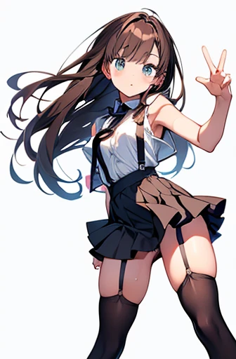 Brown Hair、Looking at the audience　　suspenders　　　bulging big breasts　　 　 　　　　Black mini skirt　garter belt　Knee-high socks　　　　　　sight　　　Small face　bangs 　　　　　beauty　　Show your hand　　 　sight 　Black boots 　Taunt　　Armpit sweat　One person 　　Place your hands behind your back　Dress shirt　　Panty shot　Yinhua