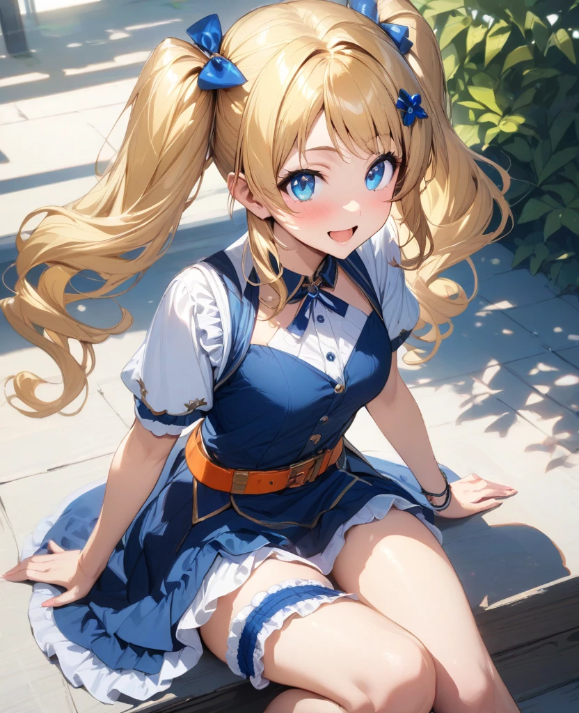 (masterpiece), (best quality), (ultra-detailed), (best illustration), (best shadow), (absurdres), (detailed background), (very aesthetic), rating_explicit, hachimiya meguru, 1girl, solo, blonde hair, alternate hairstyle, twintails, curly hair, hair ornament, long hair, blue bow, blue eyes, blush, open mouth, smile, frills, frilled dress, blue loyal dress, arm support, orange belt, bridal garter, bare legs, looking at viewer, sitting, simple background, white background, cowboy shot,