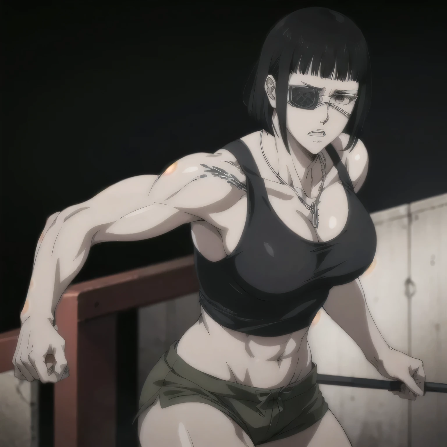 (best quality,ultra-detailed,realistic:1.37),musclaur badass girl with sculpted body have a tattoos wearing white sport tank top and white sport shorts, full review of the female character's face and body, intense expression, strong and confident posture, studio lighting, vivid colors, physiologically-based rendering, grungy texture, rugged background, dust particles in the air, commanding presence, professional, powerful, gritty aesthetics,,Valmet،short hair,necklace,six-pack,eyepatch,(solo girl),fixing glitchs,Valmet, in base training,six-pack,Shining muscles