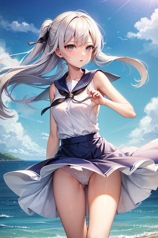(master_piece, high_quality, beautiful, super delicate, absurdres:1.2), 1girl, mature, , beautiful face, ahoge, hair fluttering in the wind, white hair, blue eye, (sailor long windy dress suit, long skirt, The wind is blowing, Skirt flipped up, I can see your underwear, panty is shown, skirt that flipped in the wind, skirt billowing, I can see your underwear, wind lift:1.2), port, (clear water, gemstone sea:1.2), Ship in the distance, The trails that planes make, blue sky, Sunshine, street in the distance,